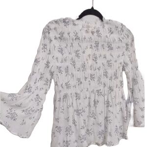 Adiva Size Sz S Peasant Top Woven Shirt Boho White Floral Flare Sleeve